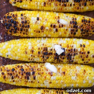 Close-up of charred corn on the cob.
