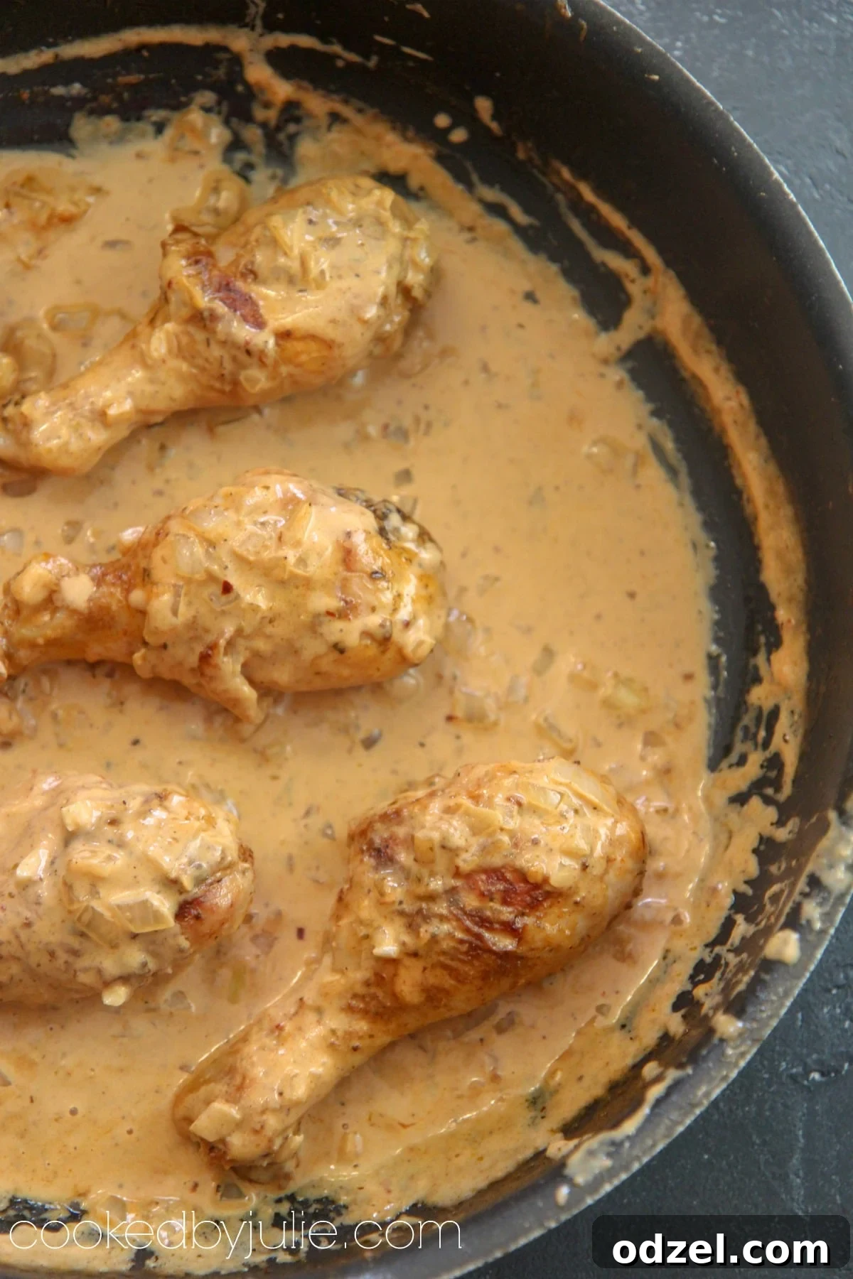 creamy chicken in a pan after cooking