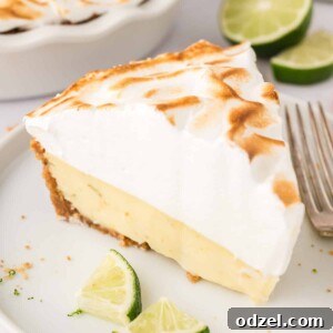 A slice of key lime pie with meringue on top.