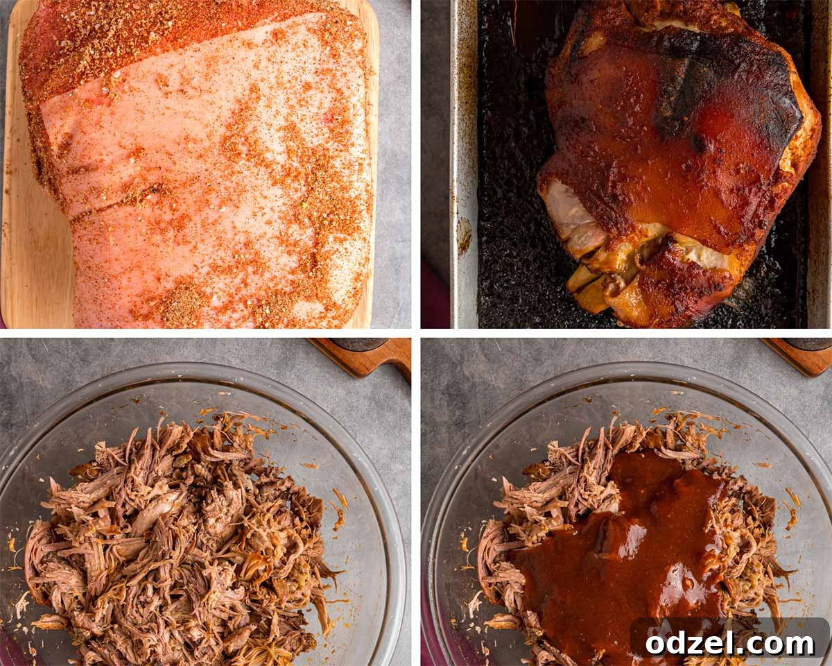 Four-photo collage demonstrating the process of seasoning and roasting pork shoulder.