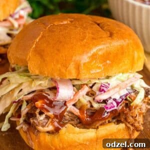 Close-up of a pulled pork sandwich with coleslaw.