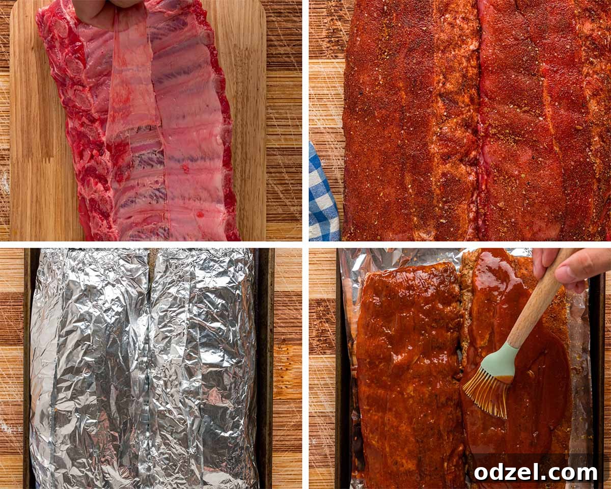A four-photo collage illustrating the key steps: removing the membrane from pork ribs, generously seasoning them with a spice rub, and brushing them with BBQ sauce.