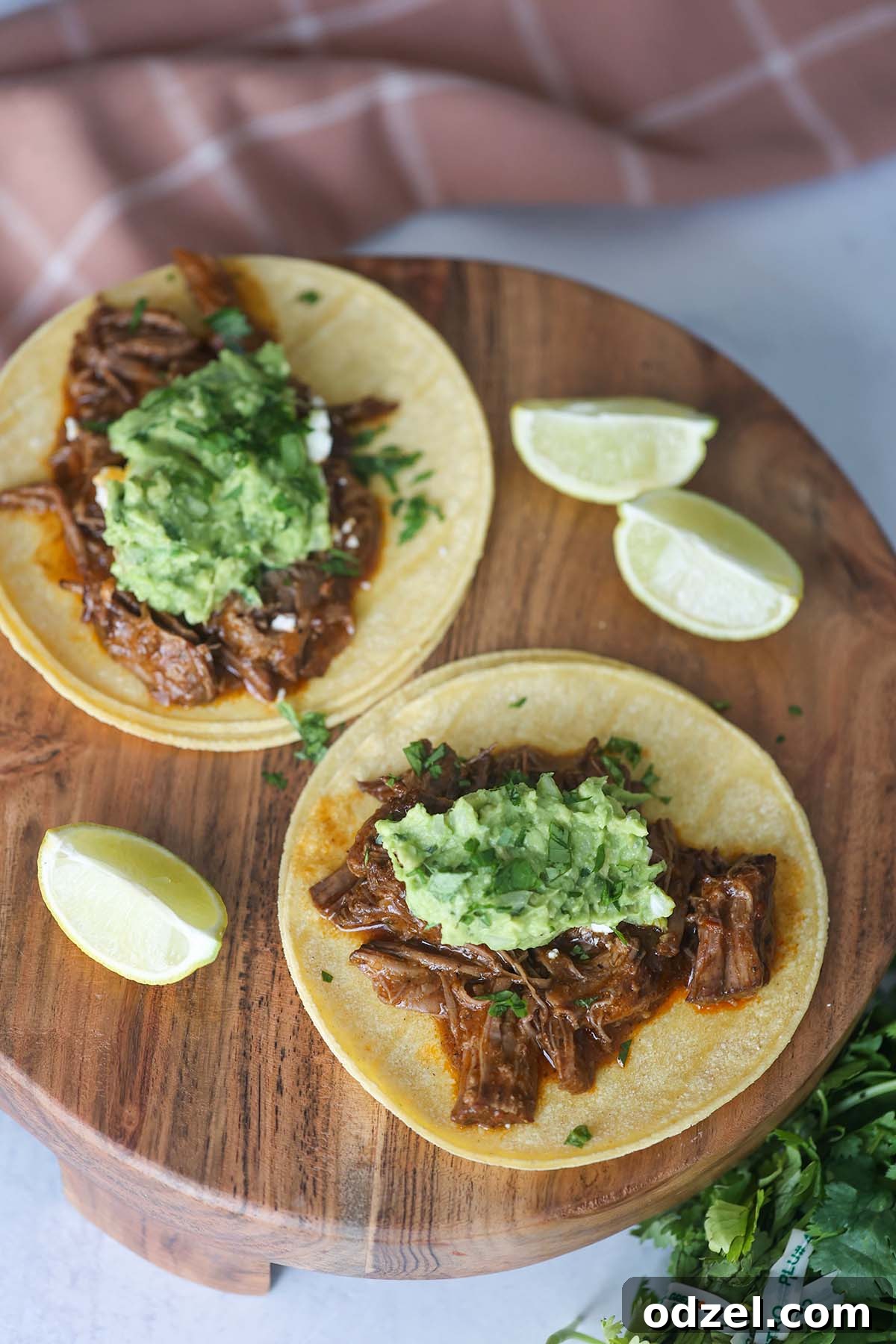 A close-up view of two meticulously prepared shredded beef tacos, showcasing the tender, juicy beef and vibrant toppings. A perfect bite.