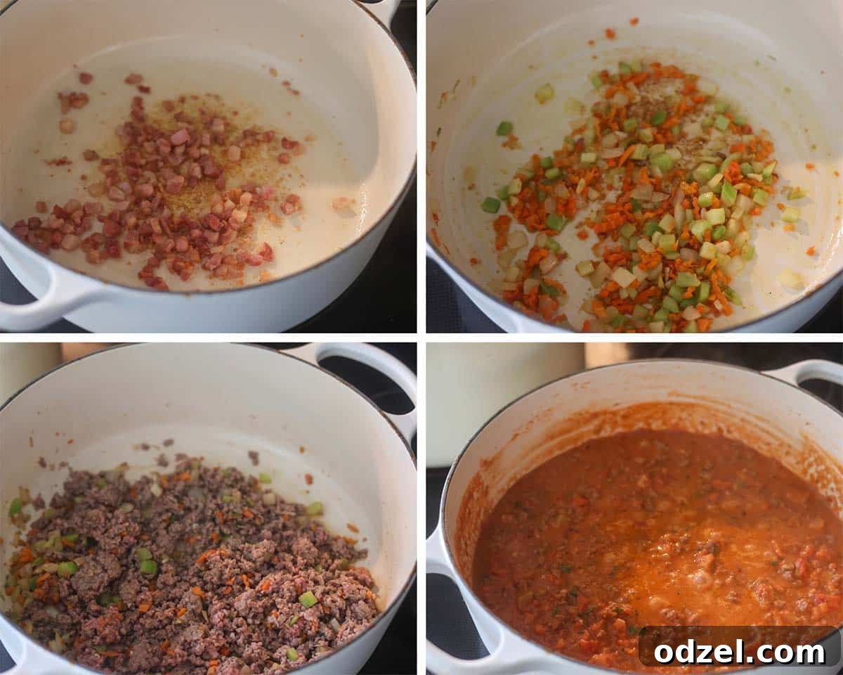 Slow-Simmered Bolognese with Fettuccine 5 A four-photo collage illustrating the step-by-step process of making bolognese sauce, from browning meat to simmering the rich sauce.