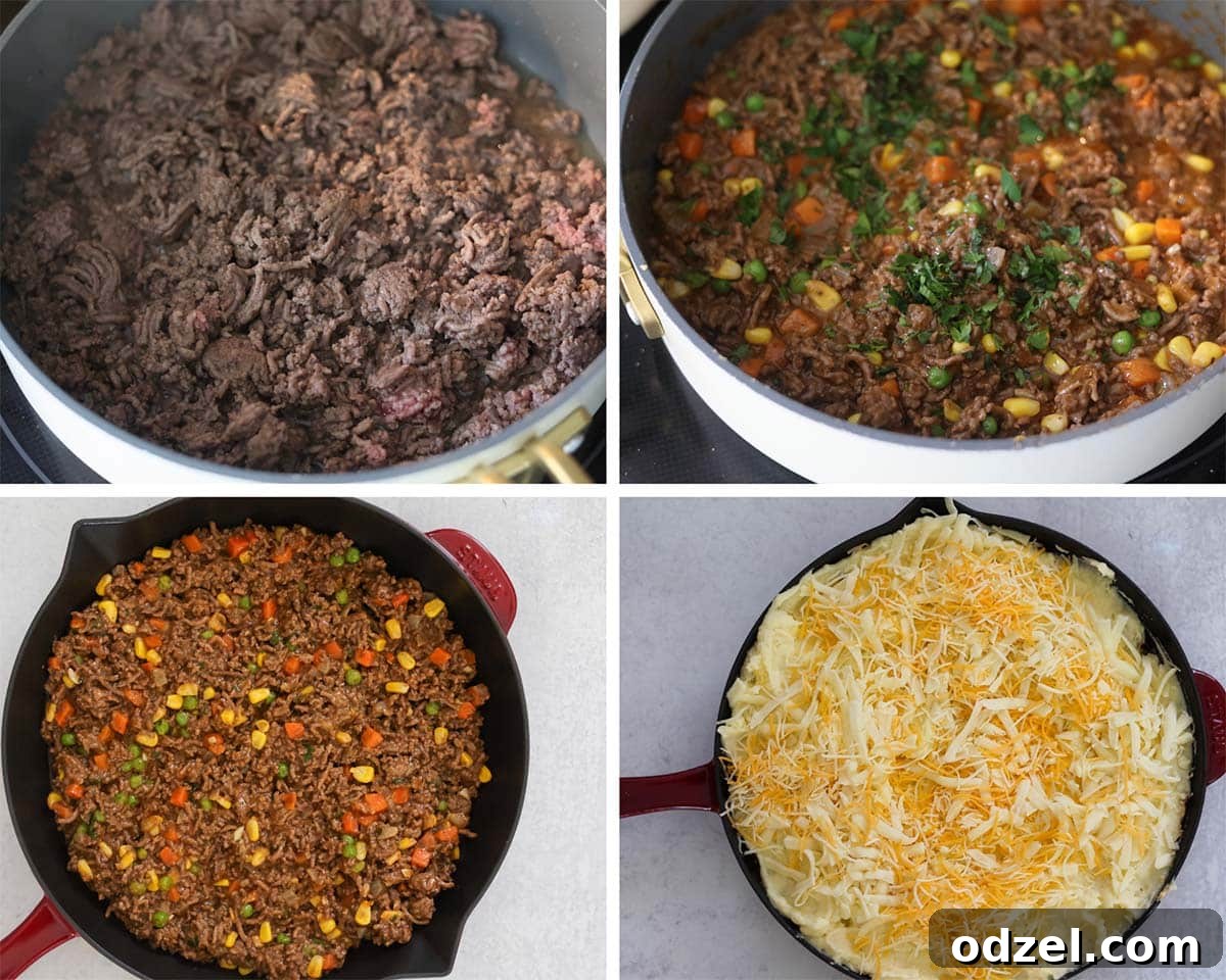 A four-photo collage demonstrating the cooking process of Cottage Pie, from browning the ground beef to layering the dish with mashed potatoes and cheese.