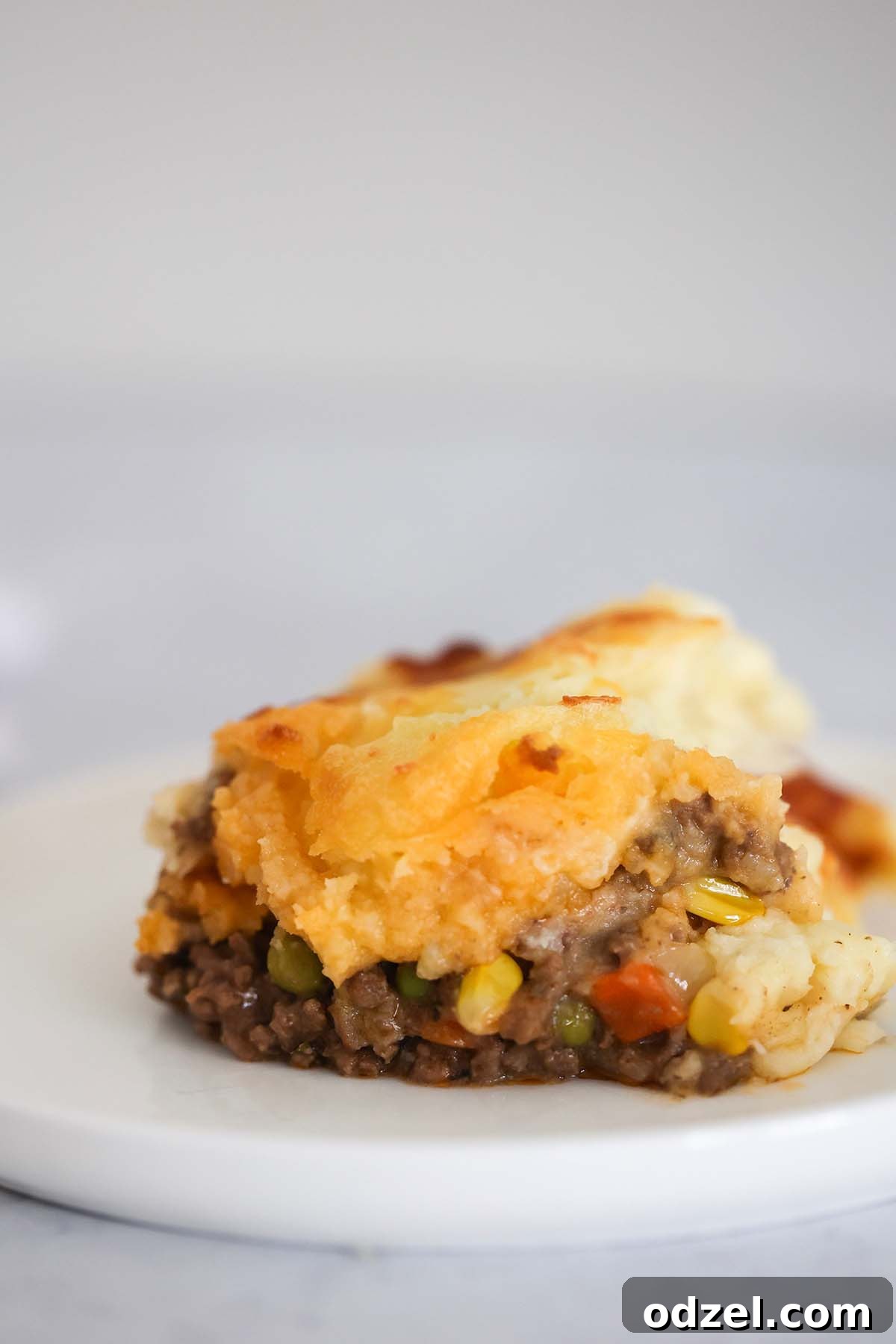 A perfectly portioned slice of Cottage Pie resting on a pristine white plate, showcasing its distinct layers and inviting texture.