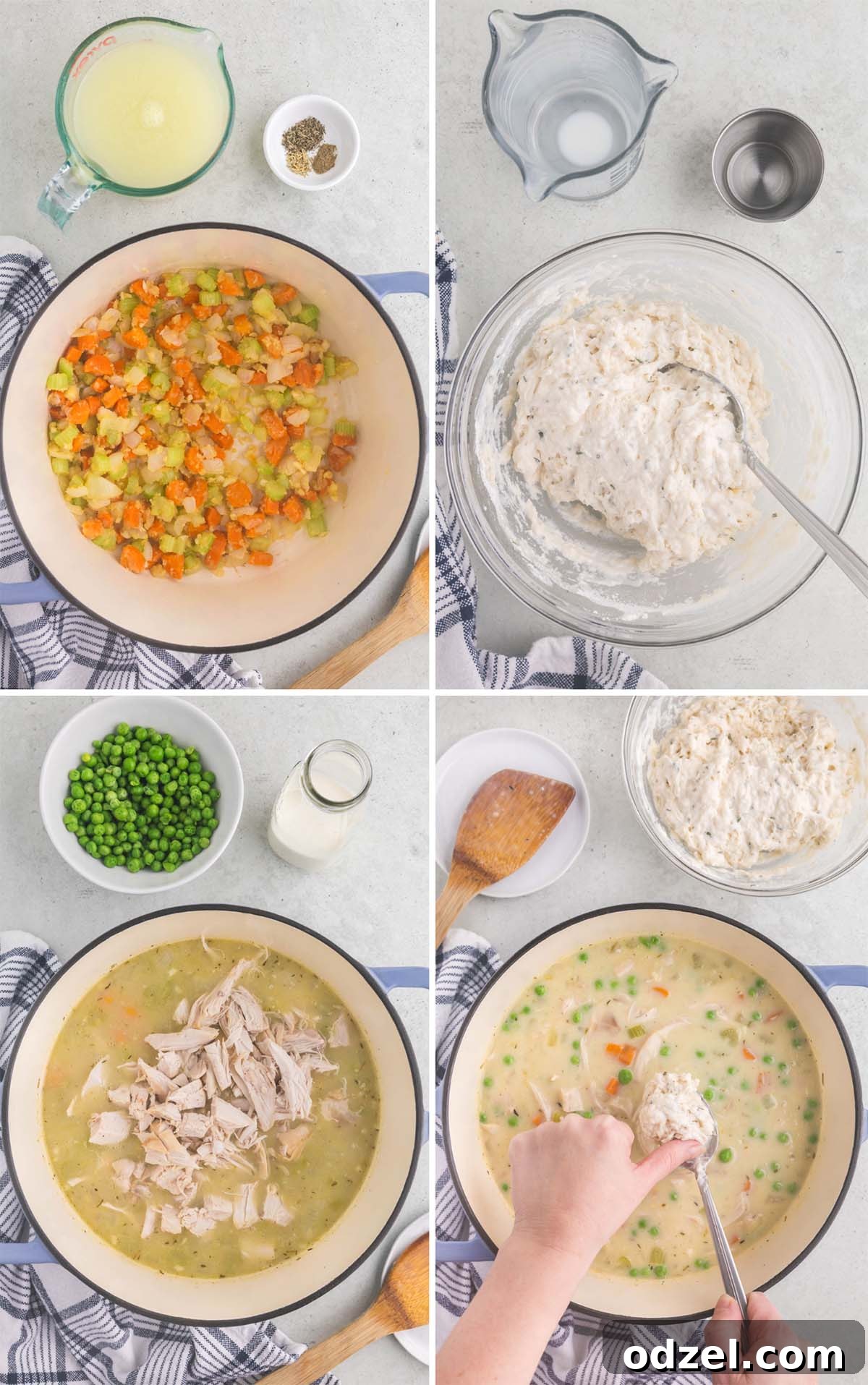 A four-panel photo collage demonstrating the step-by-step preparation of chicken and dumplings, showing vegetables sautéing, broth simmering, dumpling dough being mixed, and dumplings dropped into the pot, offering clear visual guidance.