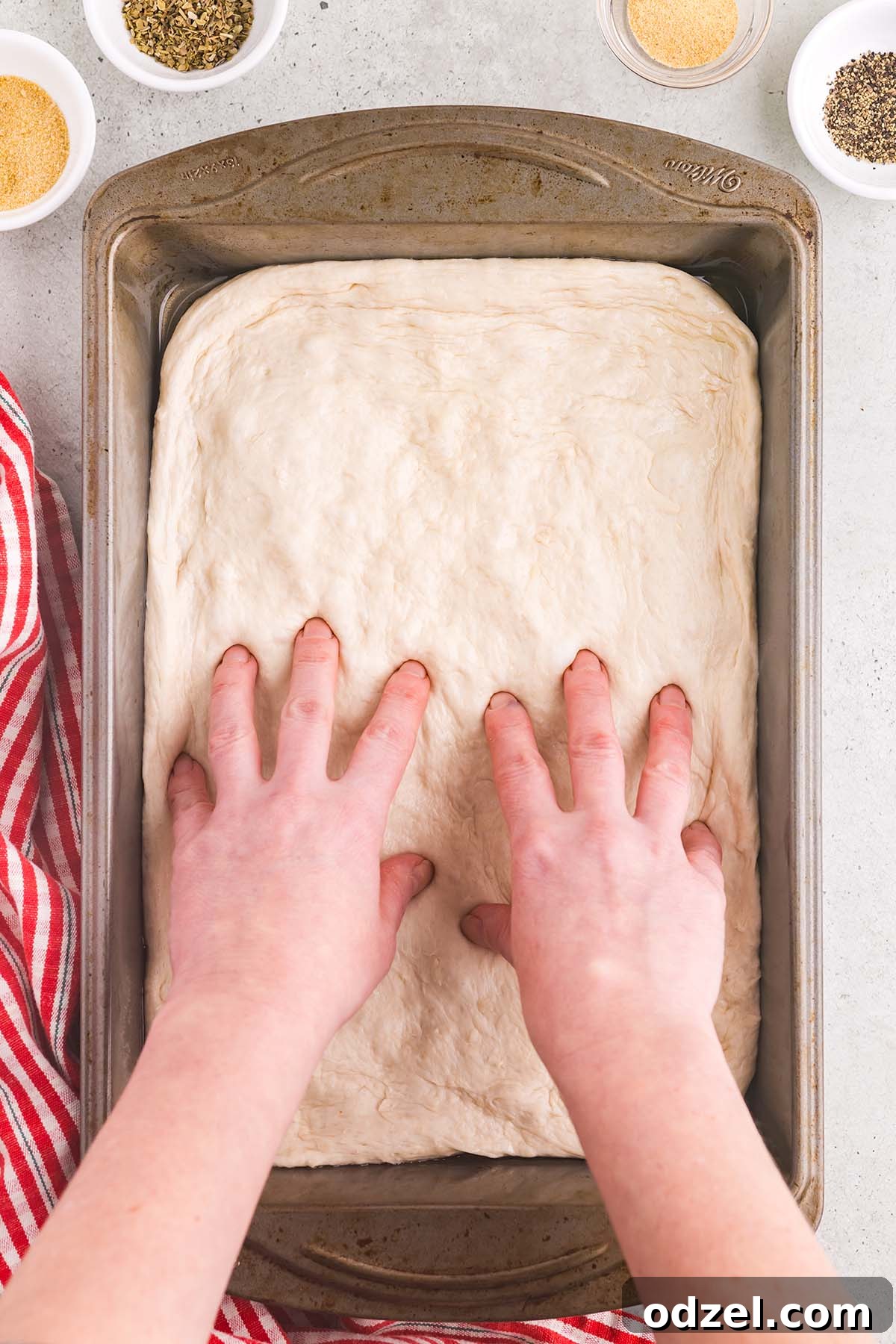 Pizza dough pressed into a 9x13 inch pan, lightly oiled, ready for toppings.