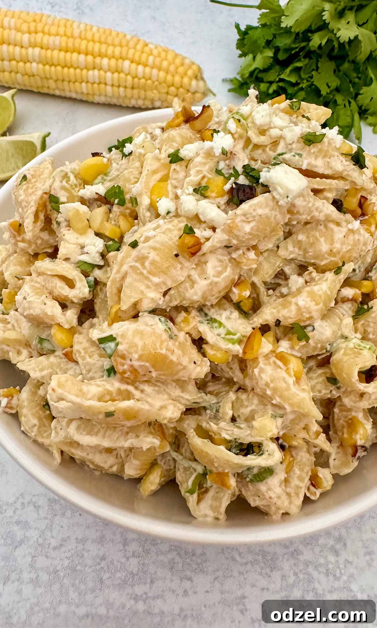 Zesty Street Corn Pasta Salad 2 A beautifully presented bowl of Elote Pasta Salad, showcasing charred corn, fresh cilantro, and creamy dressing.
