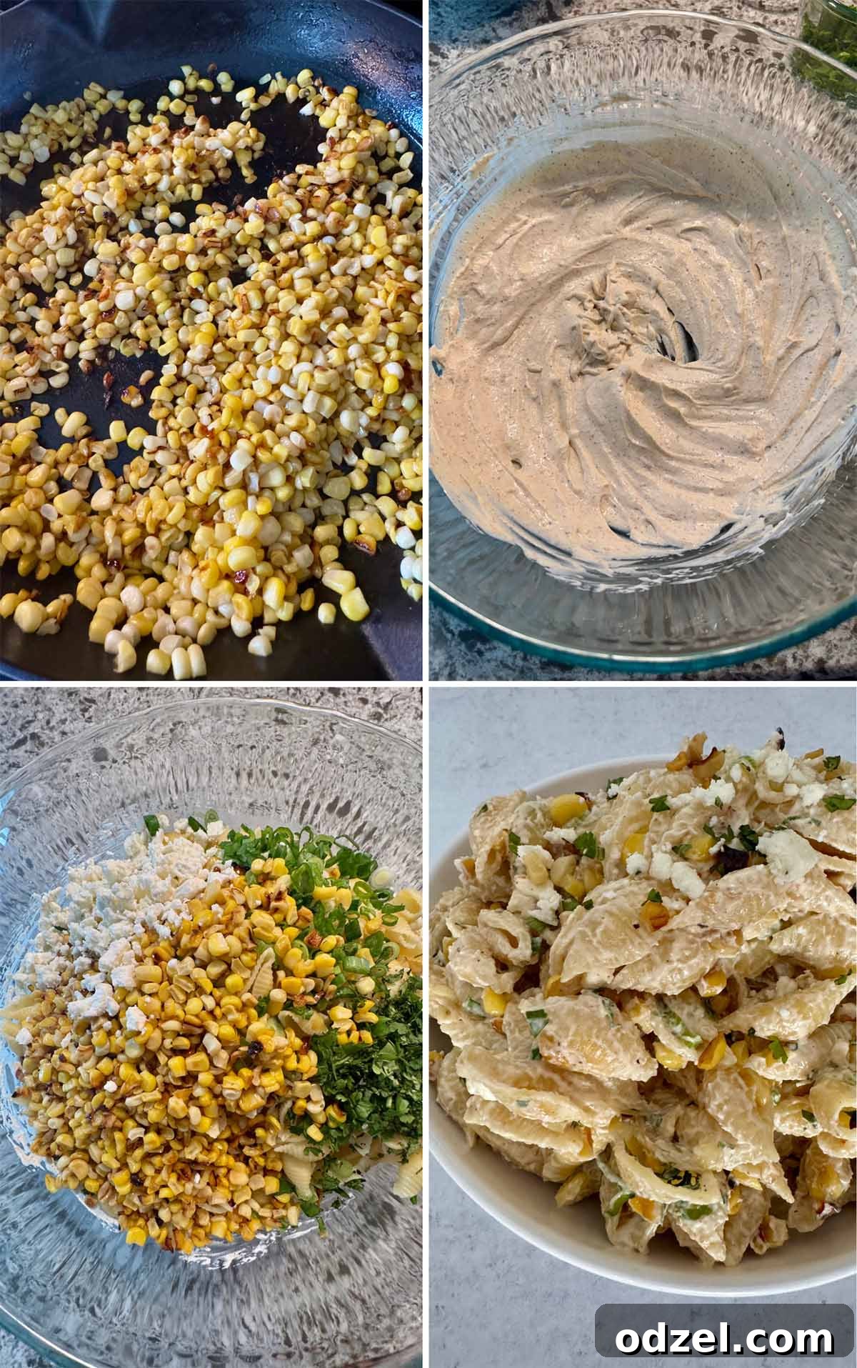 Zesty Street Corn Pasta Salad 3 Four-photo collage demonstrating the steps: charring corn in a skillet, mixing creamy dressing in a bowl, and combining ingredients for elote pasta salad.