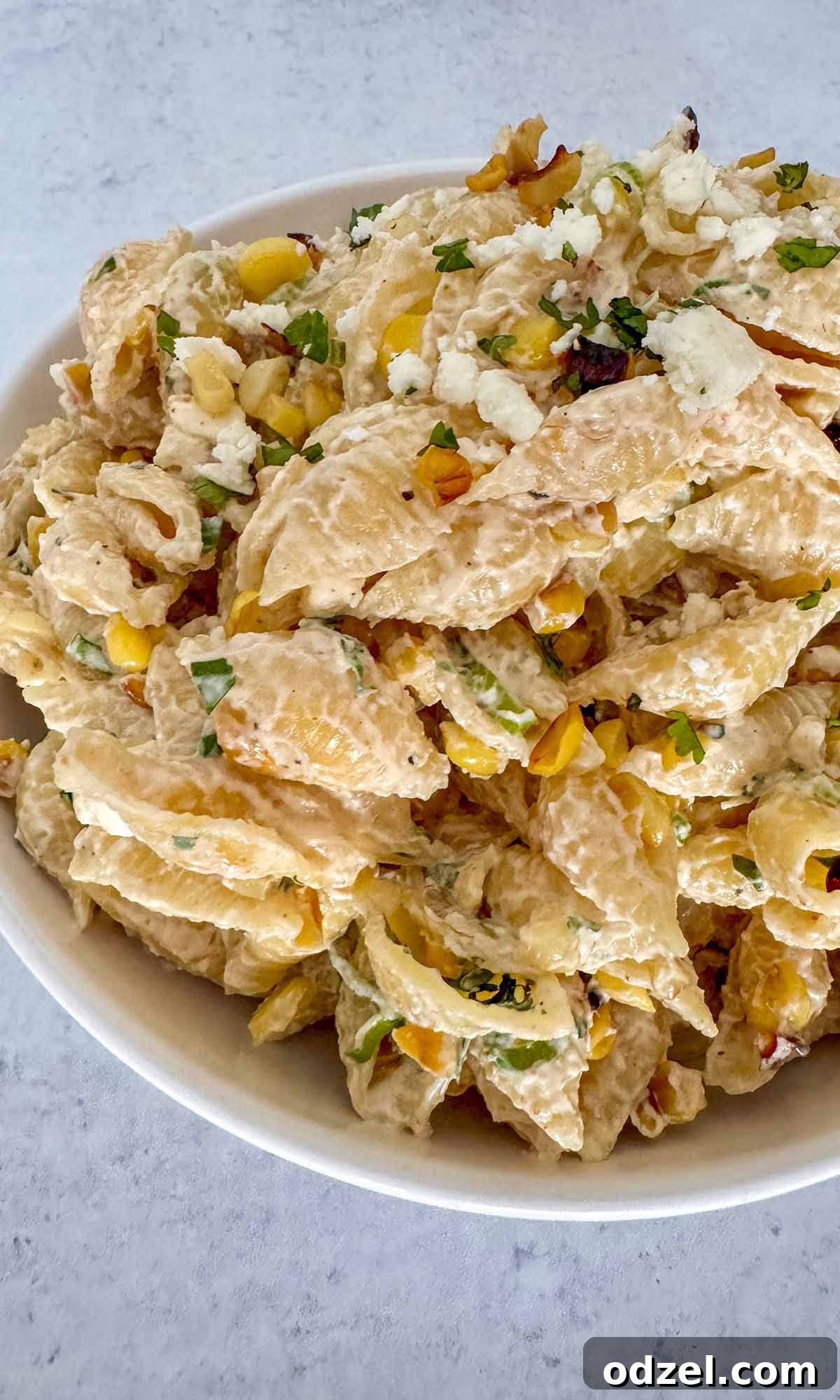 Zesty Street Corn Pasta Salad 4 Close-up shot of Elote Pasta Salad in a bowl, highlighting the creamy texture and fresh ingredients.