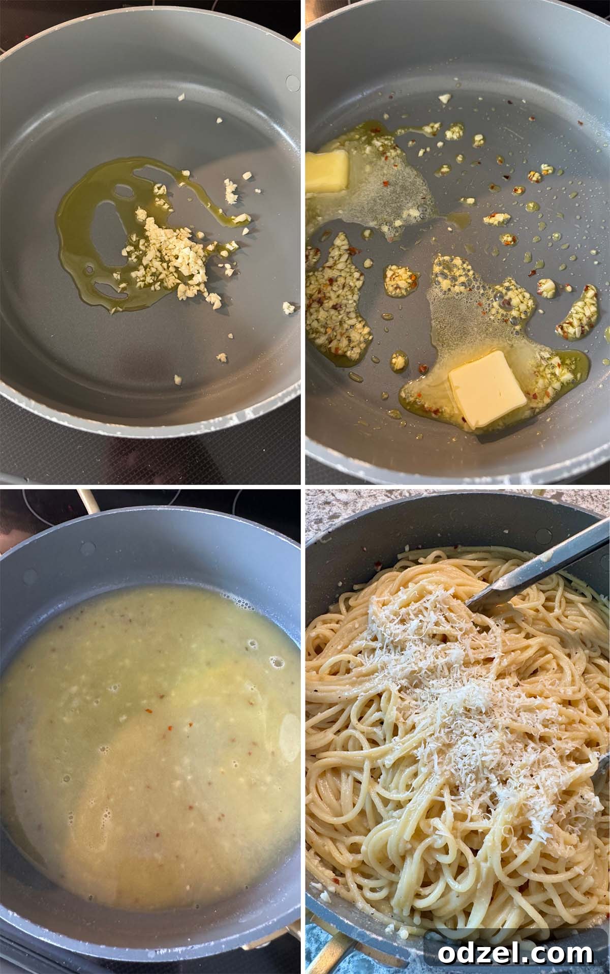 Golden Butter Noodles 3 A four-picture collage showing how to cook garlic in butter and mix it with pasta. The steps include sautéing garlic, melting butter, adding pasta water, and finally tossing with cooked spaghetti.