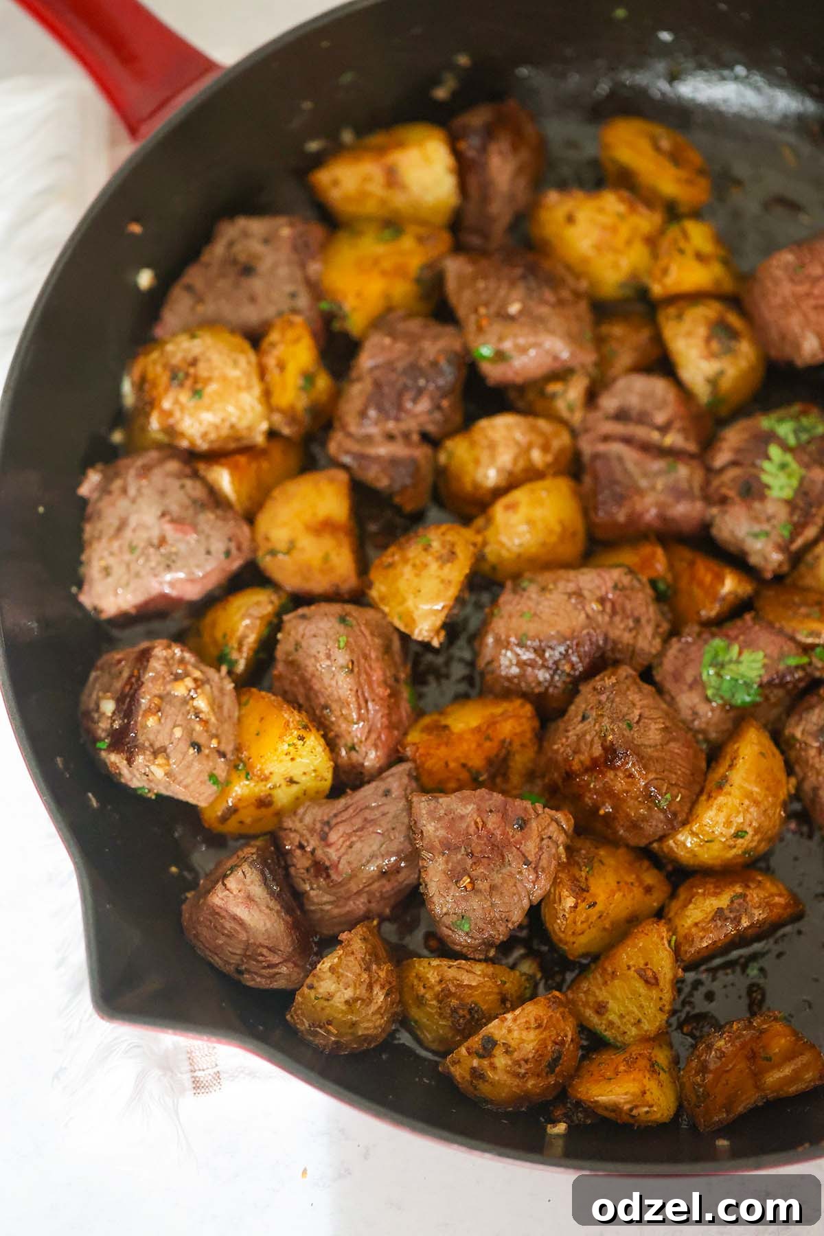 A close-up shot of perfectly cooked buttery steak bites and crispy potato cubes seasoned with garlic in a rustic cast iron skillet, ready to be served.