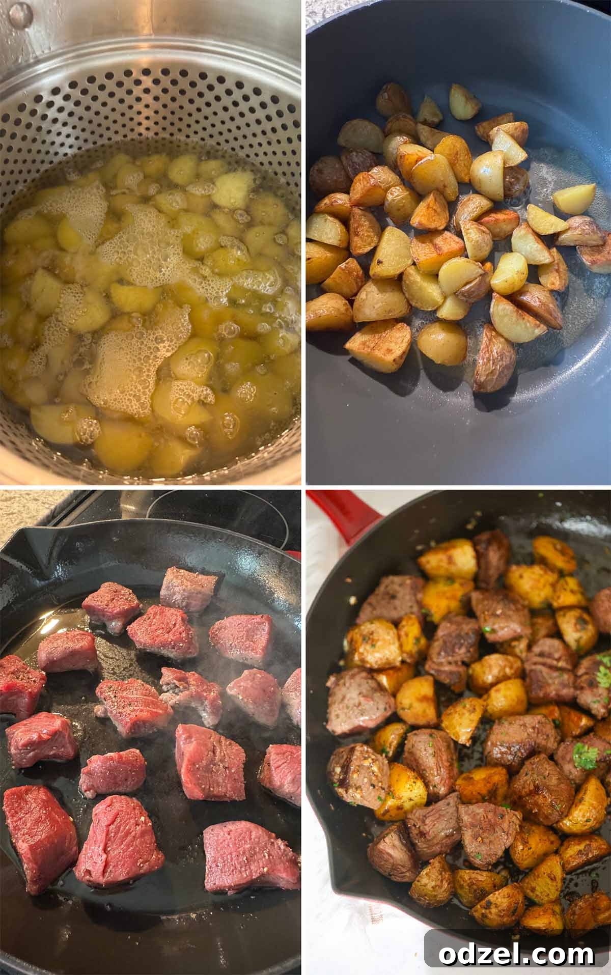 A four-panel collage showing the cooking process: (1) Baby potatoes boiling in a pot, (2) Diced potatoes frying to a crisp in a skillet, (3) Cubed steak searing in a hot skillet, (4) The final dish with steak and potatoes mixed together, glistening with butter and garlic.