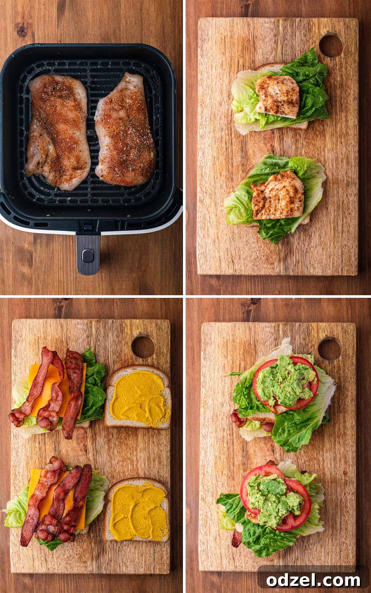 A four-photo collage showing the step-by-step assembly of a chicken club sandwich.