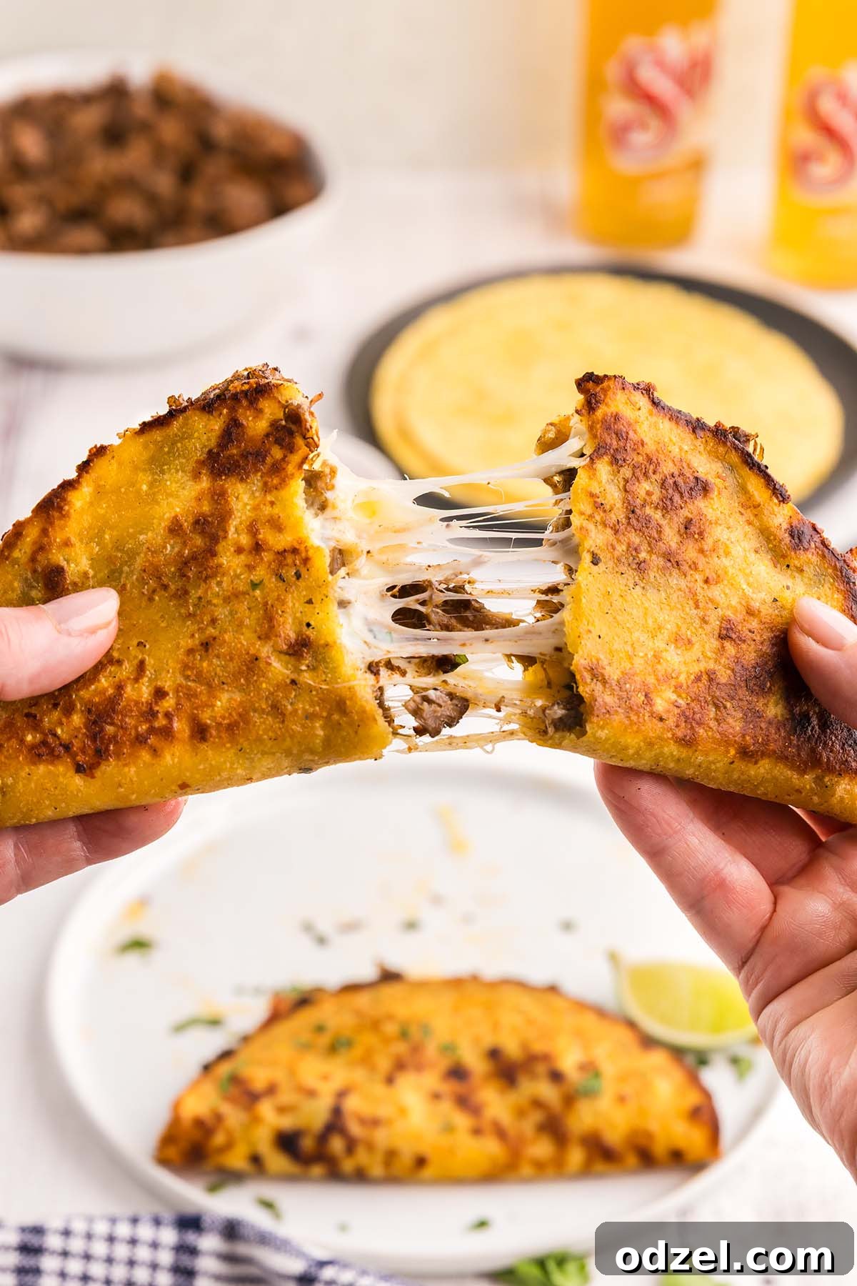 A hand holding up a cheesy, crispy Birria taco, still glistening from a dip in the rich consomé.