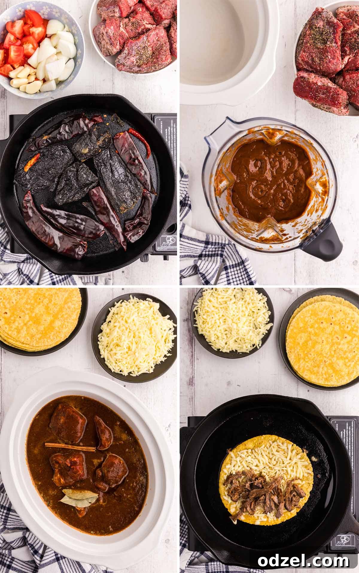 A group of four photos showing the step-by-step process of making Birria Tacos. Top left: Dried chilies toasting in a dry pan. Top right: A blender filled with rehydrated chilies, tomatoes, onions, garlic, and spices, ready to be blended into a smooth sauce. Bottom left: A slow cooker filled with seared beef, rich chili sauce, and bay leaves, simmering gently. Bottom right: A cheesy Birria taco being cooked to golden perfection in a cast iron pan on the stovetop.