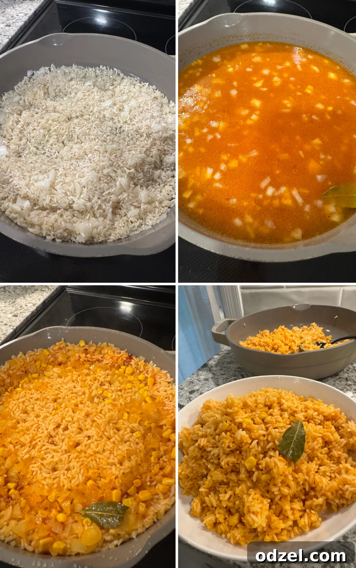 Zesty Mexican Rice 3 Four photo collage showing the process of making Mexican rice: sautéing rice and onions, adding liquids and spices, simmering, and finished fluffy rice.
