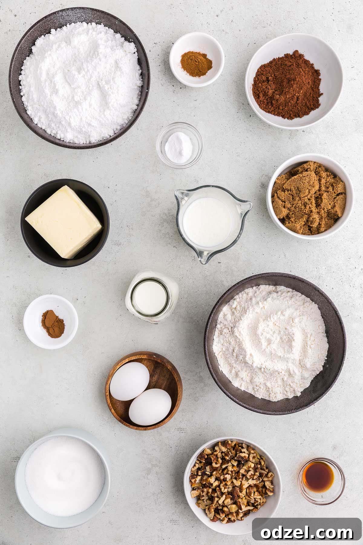 Individual ingredients for Texas Sheet Cake, including flour, sugars, cocoa powder, butter, eggs, milk, and vanilla, arranged neatly on a surface.