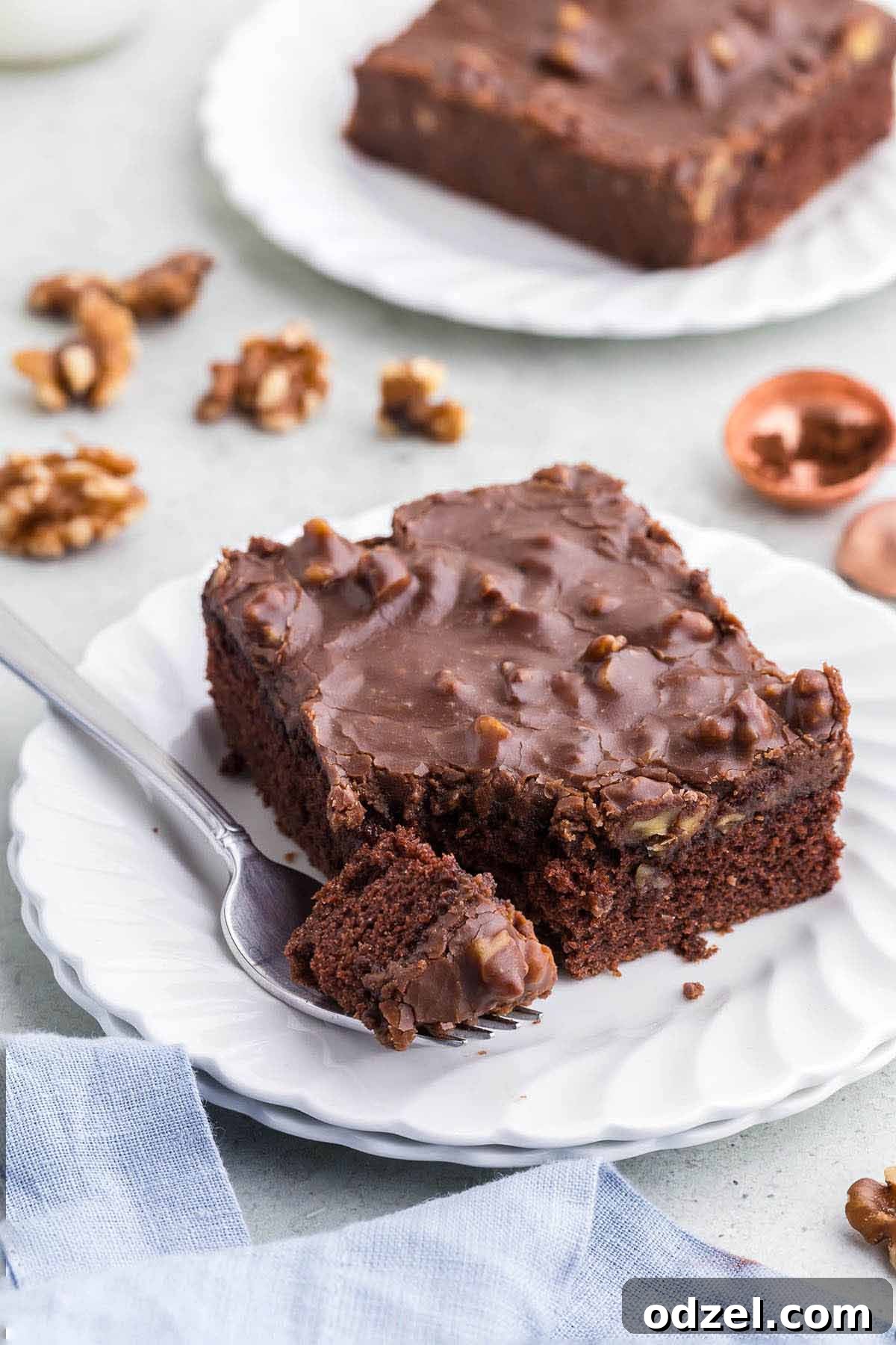 Decadent Texas Chocolate Sheet Cake 5 A perfectly sliced piece of Texas Chocolate Sheet Cake on a white plate, revealing its moist interior and thick chocolate frosting, with a fork beside it.