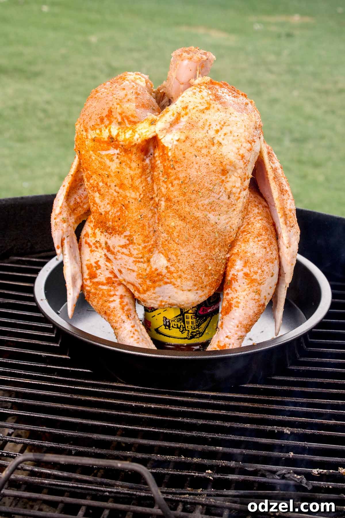 A whole chicken cooking upright on the grill, surrounded by indirect heat and smoke.