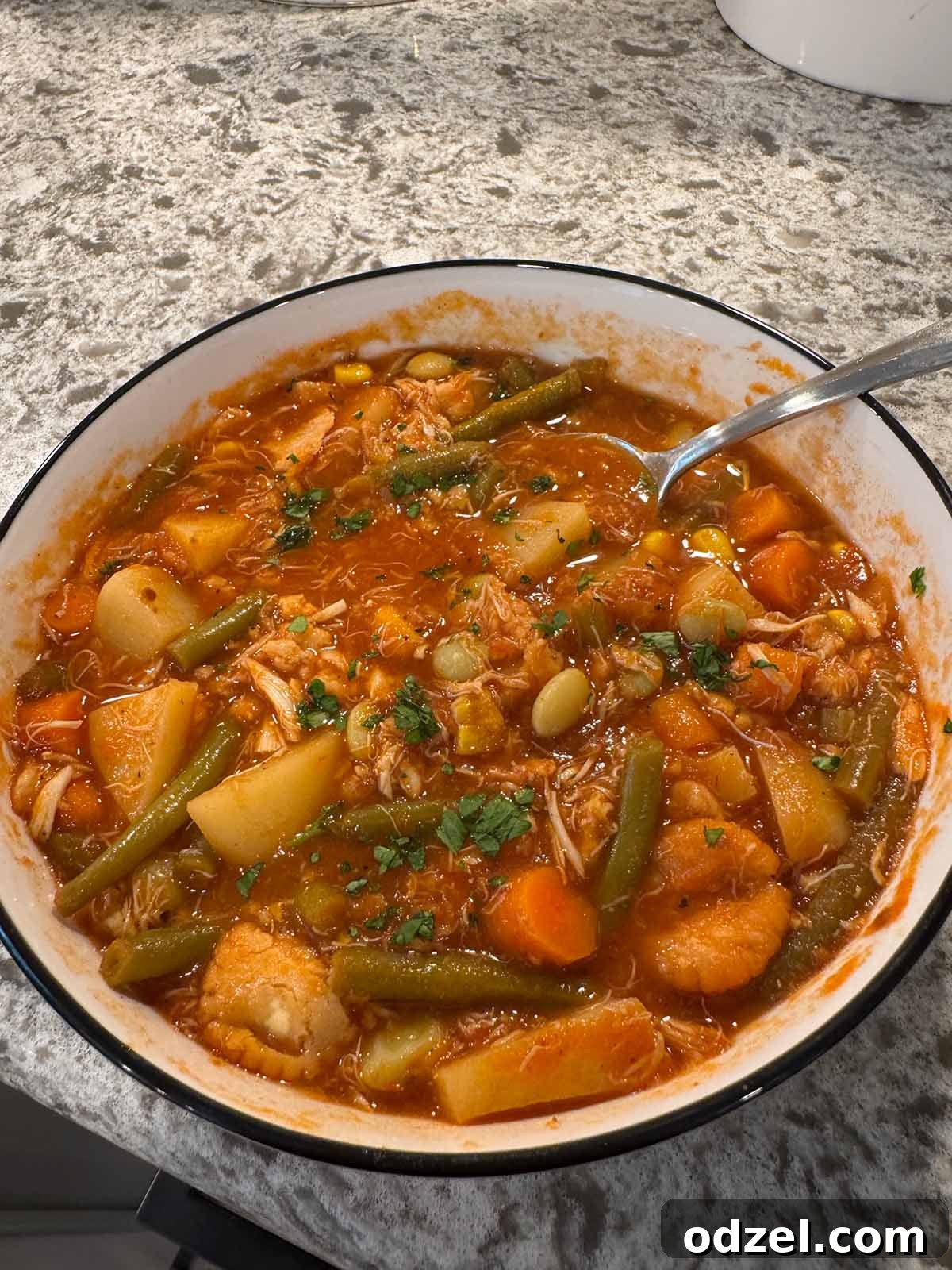 A steaming bowl of Maryland crab soup, generously filled with lump crab meat, vegetables, and potatoes, served with a spoon.