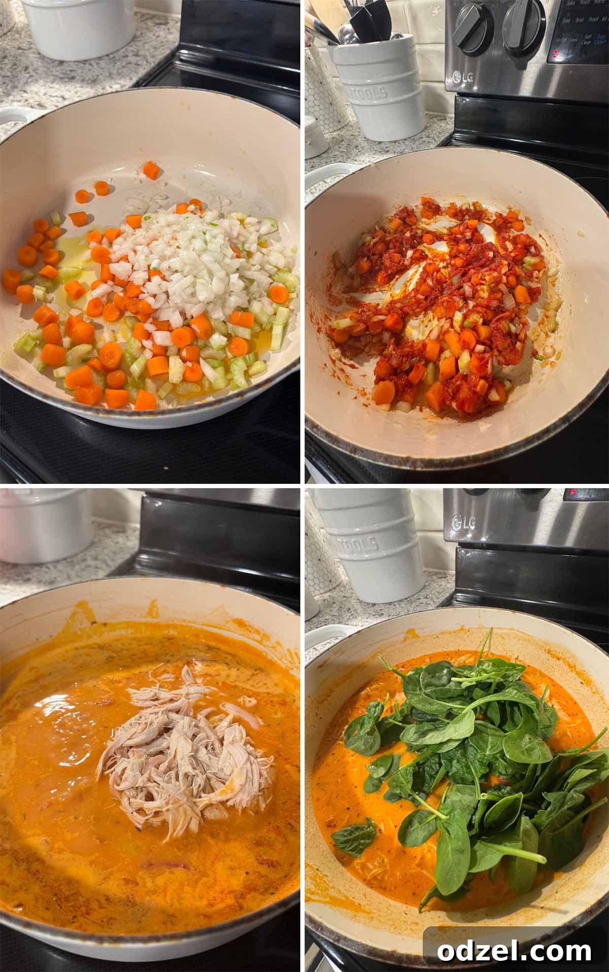 Dreamy Marry Me Chicken Noodle Soup 3 A four-photo collage showing the step-by-step process of making Marry Me Chicken Noodle Soup. The first image shows vegetables sautéing in a pot, followed by cooked chicken being added, then fresh spinach wilting into the mixture, and finally, all ingredients combined in a simmering soup pot, illustrating the various stages of preparation.