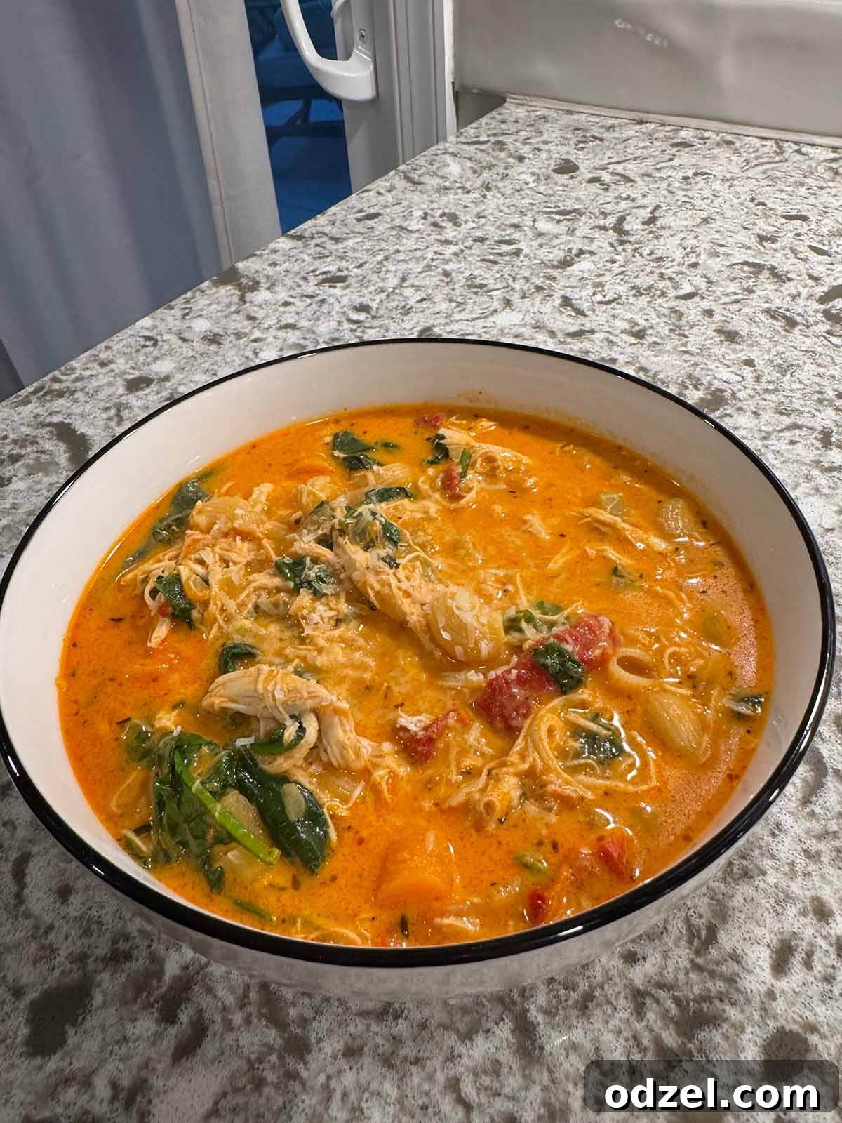 Dreamy Marry Me Chicken Noodle Soup 4 A small bowl of creamy Marry Me Chicken Noodle Soup, garnished with fresh herbs, showcasing its rich texture and inviting warmth. The soup is ready to be enjoyed.