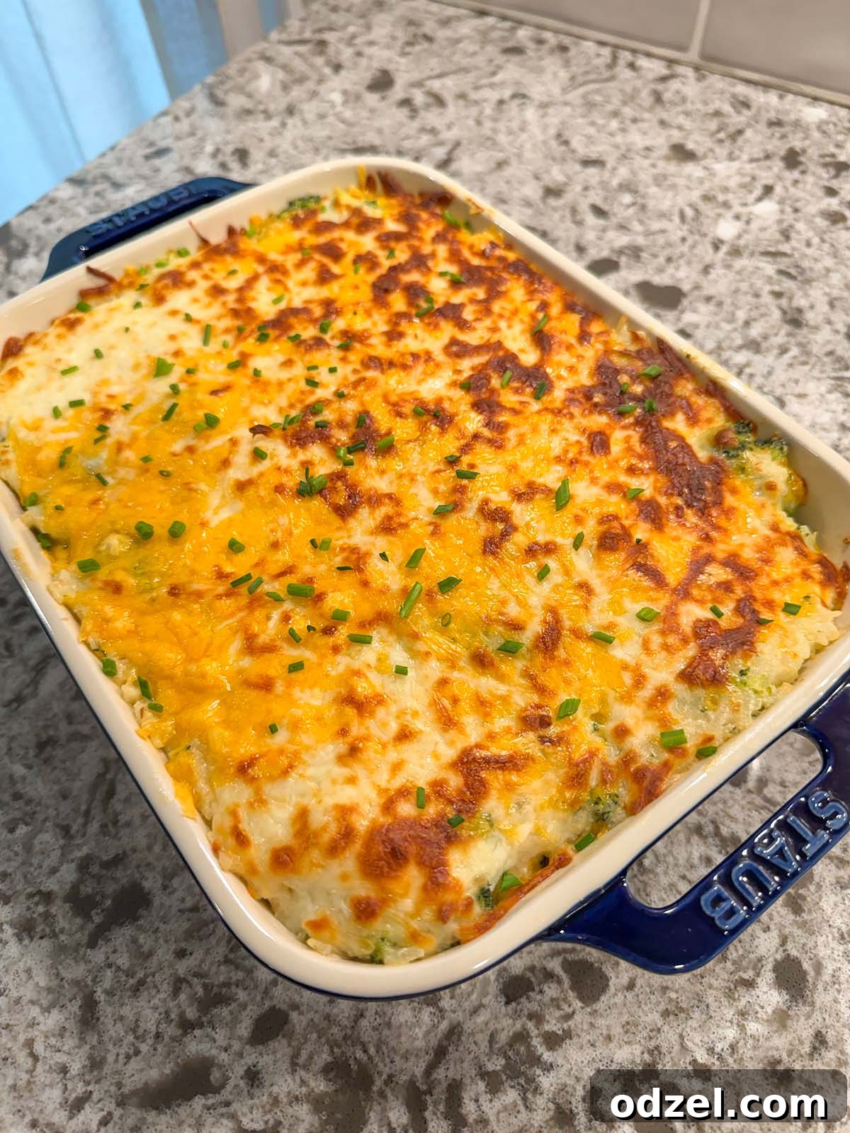 Golden Cheesy Broccoli Rice Bake 2 A vibrant cheesy broccoli rice casserole presented in a blue 9x9 baking dish, ready to be served.