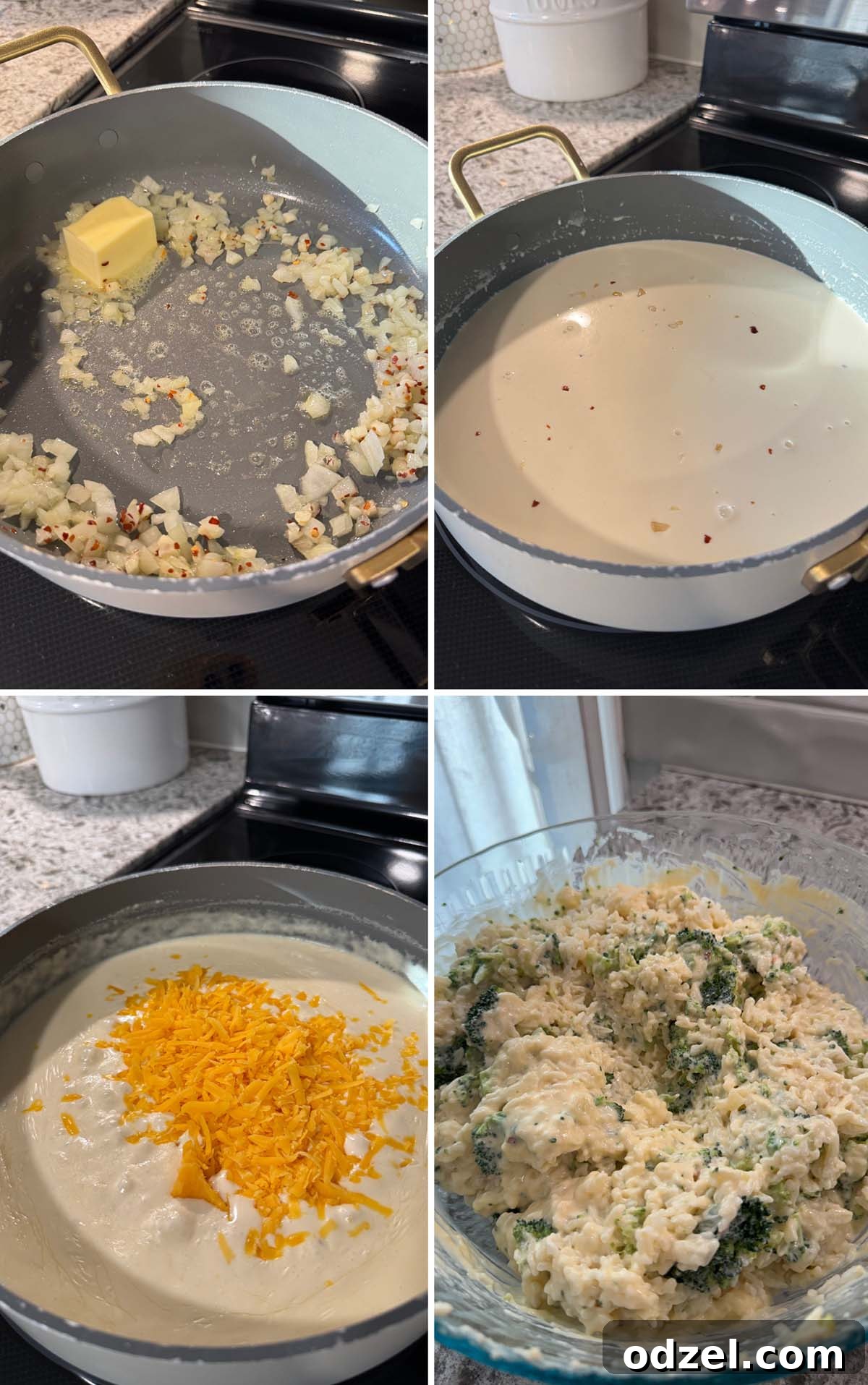 Golden Cheesy Broccoli Rice Bake 3 A four-photo collage illustrating the step-by-step process of preparing the cheesy broccoli rice casserole, from cooking the rice to mixing the ingredients.