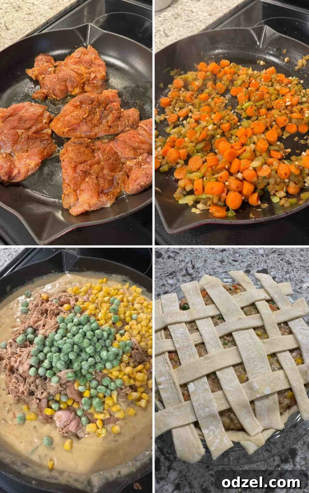 Four sequential photos illustrating the preparation steps of chicken pot pie: seasoning and cooking chicken, sautéing vegetables for the filling, thickening the creamy sauce, and assembling the pie with puff pastry.