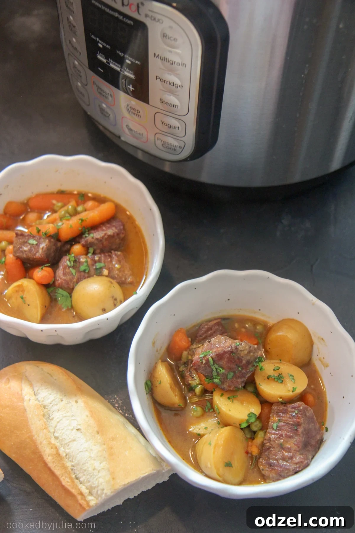 Hearty Instant Pot Beef Stew 3 Two bowls of hearty Instant Pot Beef Stew ready to be served, garnished with fresh herbs.
