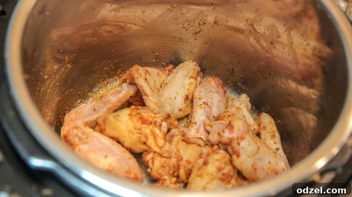 Crispy Instant Pot Chicken Wings 3 Seasoned chicken wings arranged in the instant pot before cooking