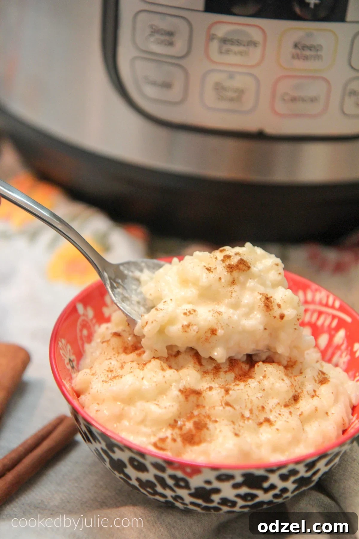 Quick and Creamy Instant Pot Rice Pudding 4 Close-up of a spoonful of creamy rice pudding, showcasing its texture.
