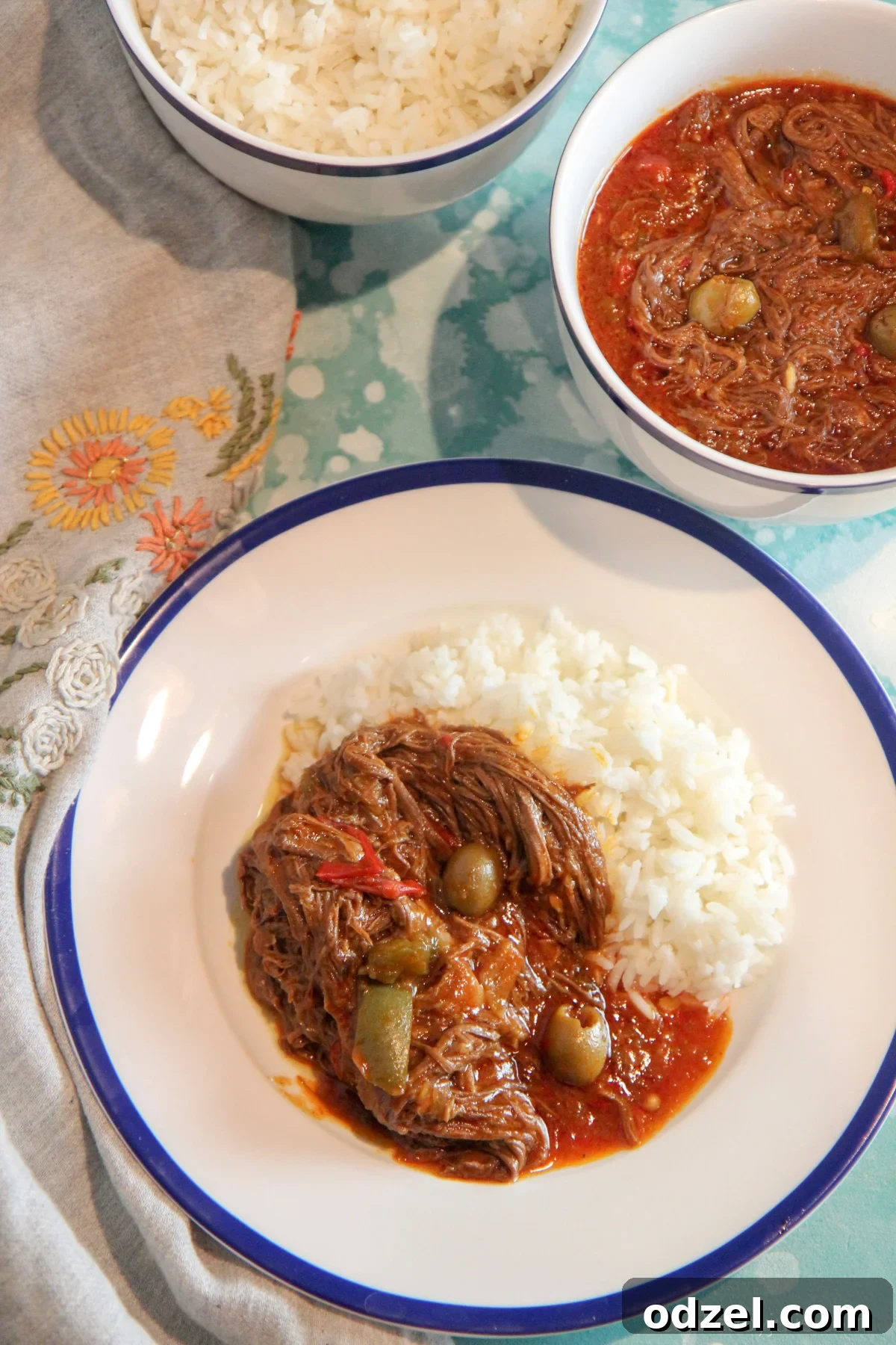 A vibrant plate of Ropa Vieja served alongside fluffy white rice, ready to be enjoyed.