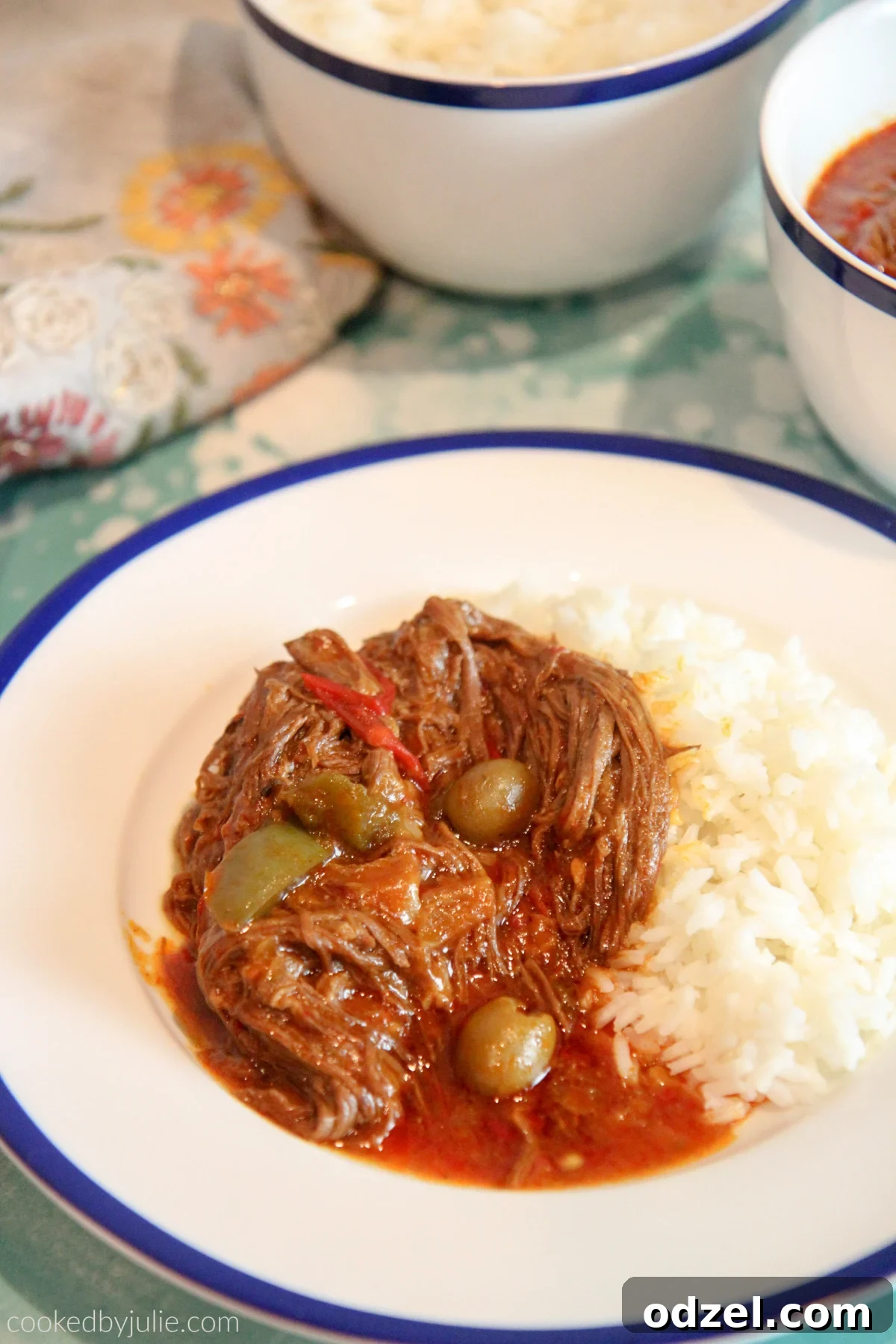 A beautifully presented plate of Ropa Vieja, accompanied by fragrant white rice, ready to be enjoyed as a hearty meal.