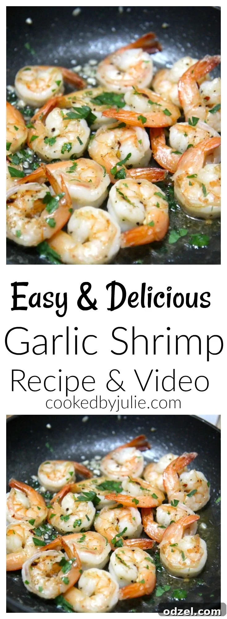 Close-up of freshly cooked garlic shrimp in a skillet, glistening with butter and herbs. A quick and delicious seafood dish.