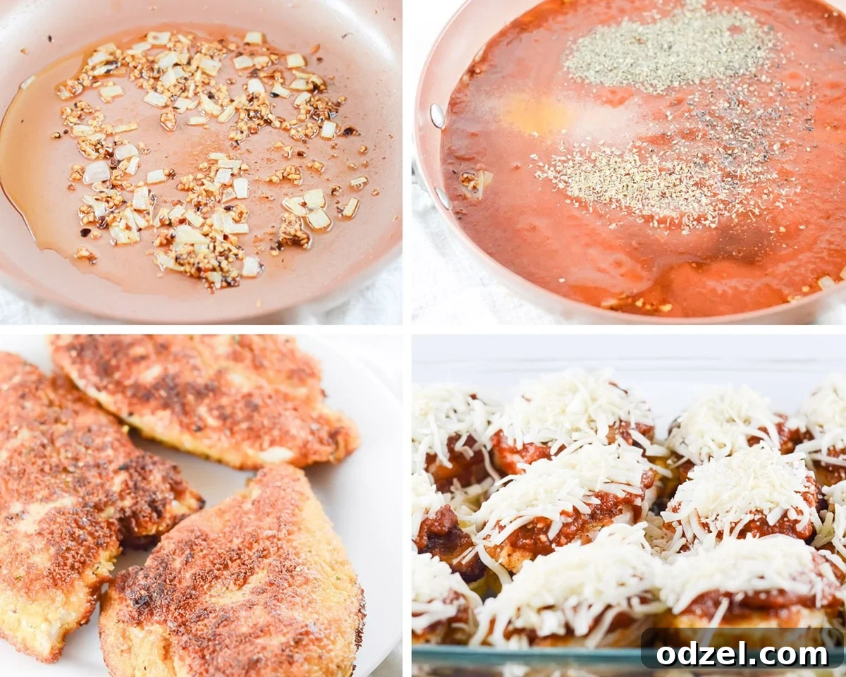 A collage of process photos showing skillet with shallots and red pepper, simmering tomato sauce, and chicken cutlets with melted cheese and sauce.