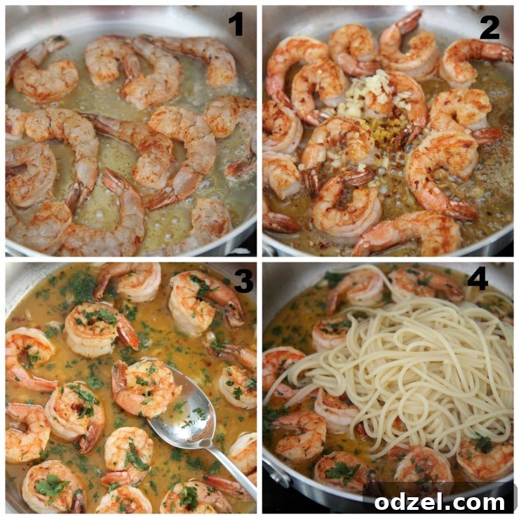 Four step-by-step photos showing shrimp scampi cooking process: seasoning shrimp, sautéing, adding sauce ingredients, and final dish.