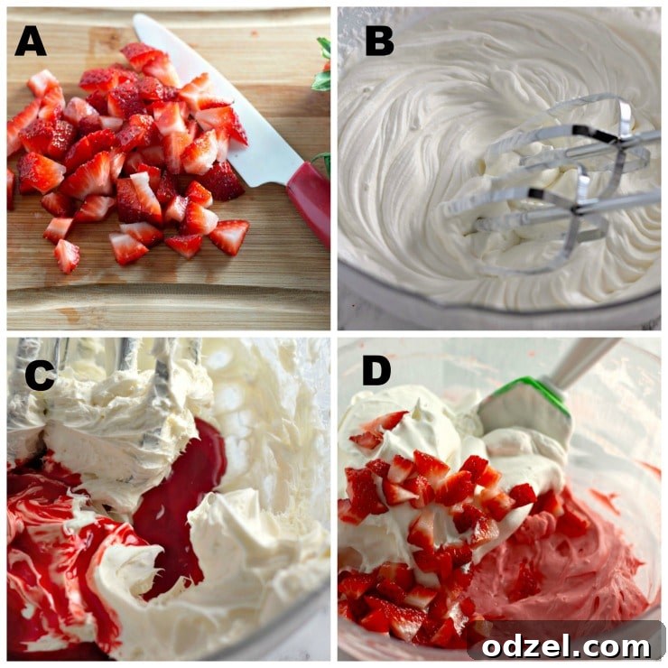 A step-by-step collage illustrating the preparation of strawberry fat bombs, showing ingredients being mixed and the final mixture in a pan.