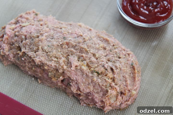 ground turkey formed into a log on a baking sheet with a side of ketchup