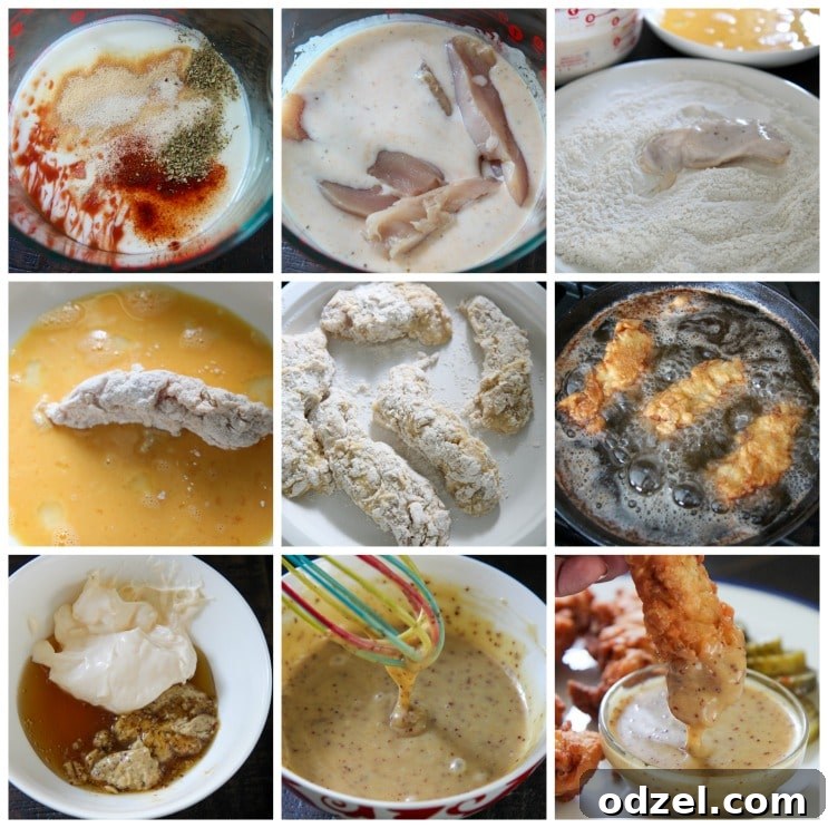 A step-by-step collage illustrating the preparation of chicken tenders, from marinating in buttermilk, double-dredging in flour and egg, to the final stage of frying to a golden crisp.