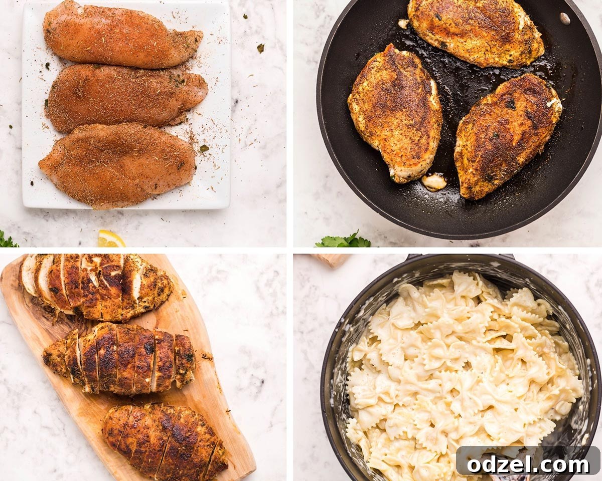 collage with four photos showing the steps on how to season and cook chicken, and pasta with sauce in a skillet. 