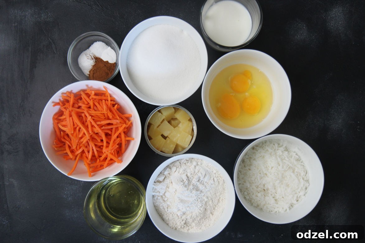 Nine small bowls filled with fresh ingredients including flour, sugar, shredded carrots, eggs, pineapple, buttermilk, oil, and coconut, neatly arranged on a dark surface, ready for baking.