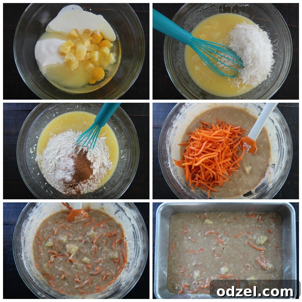 A collage of six images showing the step-by-step process of making carrot sheet cake, from mixing ingredients to pouring batter into a pan.