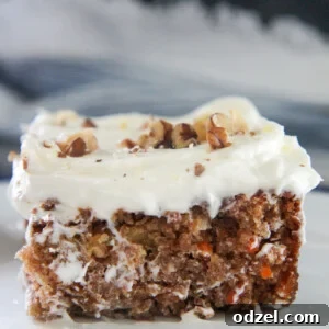 A close-up of a generous slice of carrot sheet cake, showcasing its moist interior, spiced flavor, and creamy frosting, topped with walnuts.
