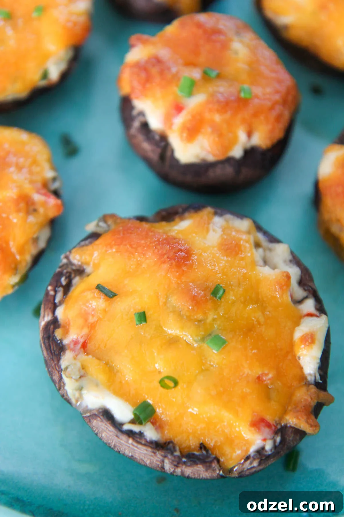 Six golden-brown cheese stuffed mushrooms garnished with green chives, served on a elegant blue plate, ready to eat.