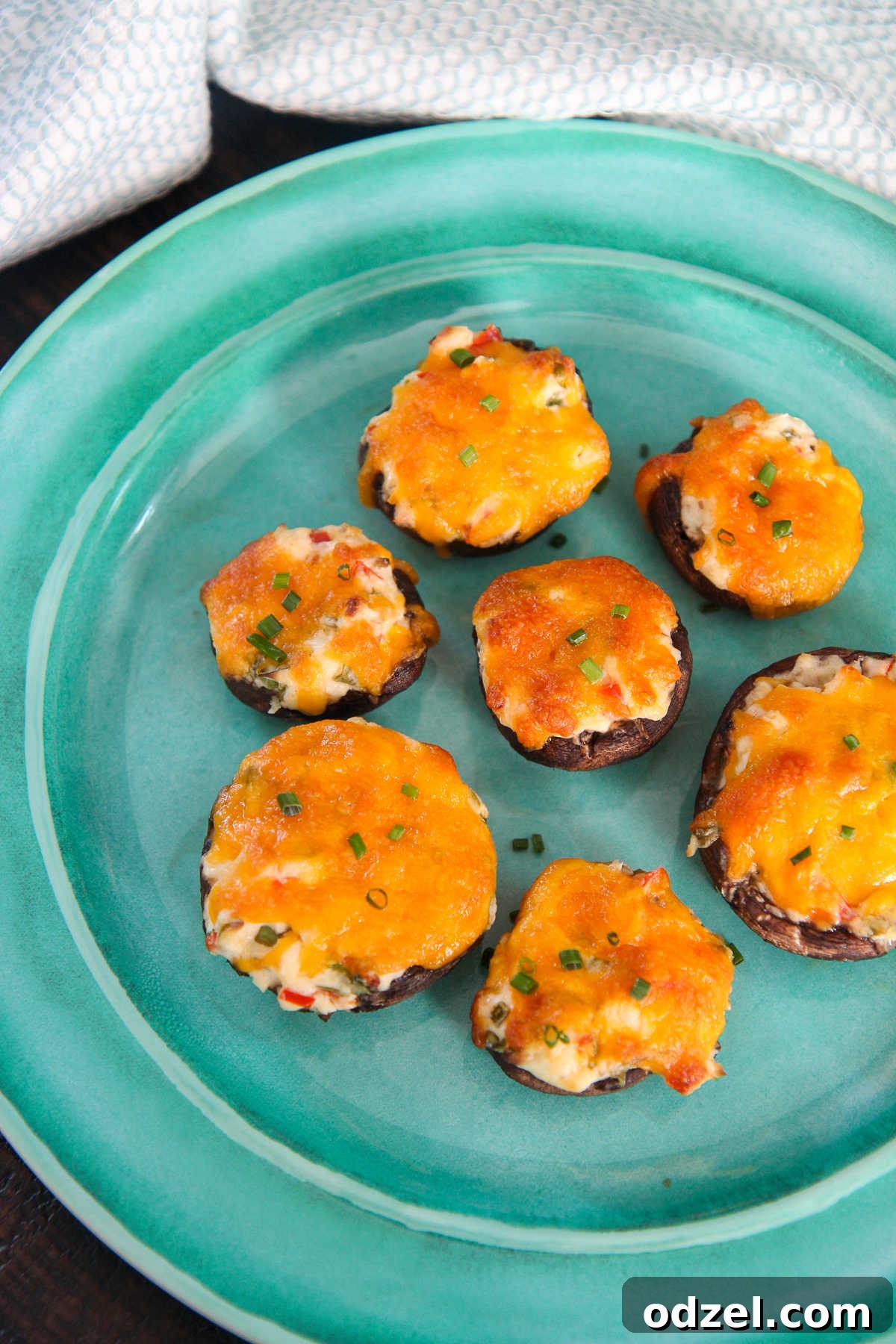 Six perfectly baked cheese stuffed mushrooms, golden and bubbly, arranged neatly on a vibrant blue plate, ready to be served.