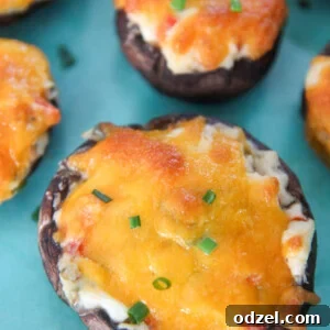 stuffed mushrooms with green chives on top of a blue plate