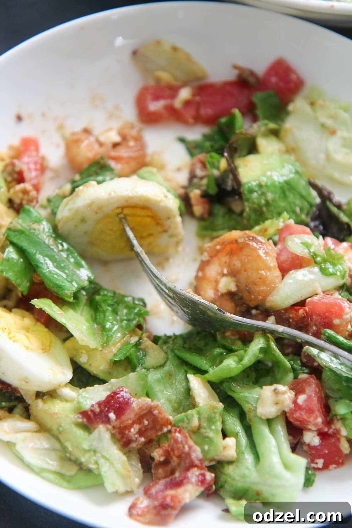 Vibrant Shrimp Cobb 4 a fork with a boiled egg on a plate of salad